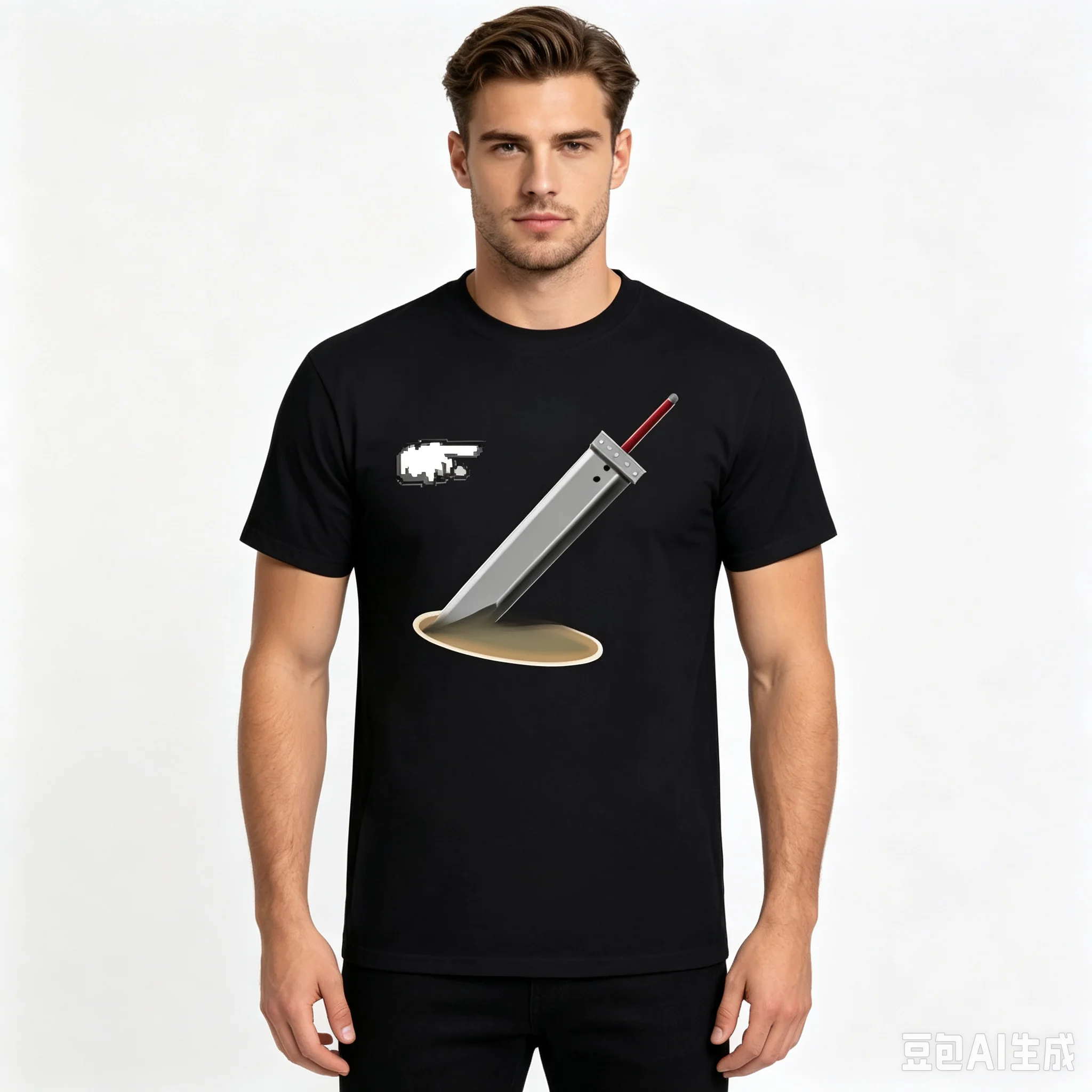 Cotton 100% Men Fantasy Giant Sword Pixel Cursor Graphic T‑Shirt Game Anime Print Short Sleeve Casual Streetwear Tee Tops