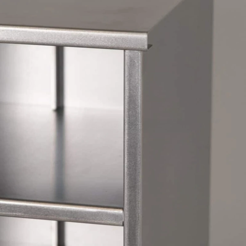 Handmade cabinets, simple freestanding furniture primary color stainless steel with hand brushed details, hotel and home
