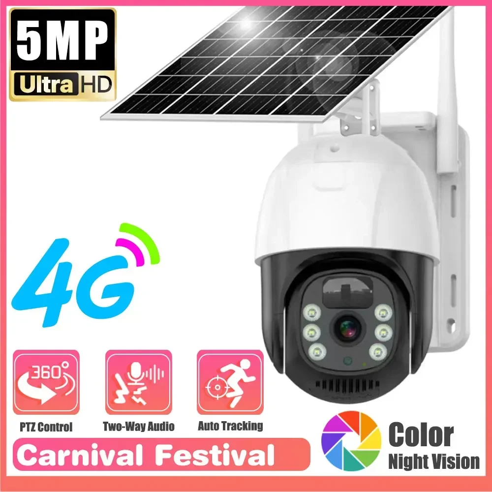 

Solar Rechargeable Battery 5MP 4G SIM Card Powered Security PTZ IP Camera PIR Detection Two-Way Audio Record Outdoor IP Camera