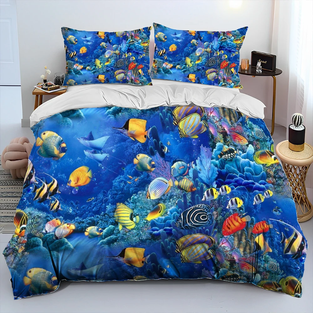 Seabed Underwater World Dolphin Turtle Comforter Bedding Set,Duvet Cover Bed Set Quilt Cover Pillowcase,Queen Bedding Set Adult