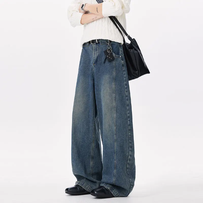 

Новые летние мужские джинсовые брюки, синие потертые джинсы на пуговицах, прямая повседневная мужская одежда, свободные широкие брюки, модная уличная одежда