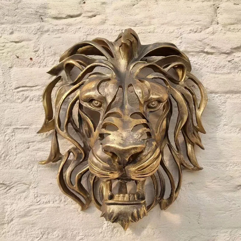 Lion Head Shape Wall Mounted Art Sculpture Gold Resin Luxury Animal Head Pendant Wall Hanging Bedroom Indoor Home Decorations