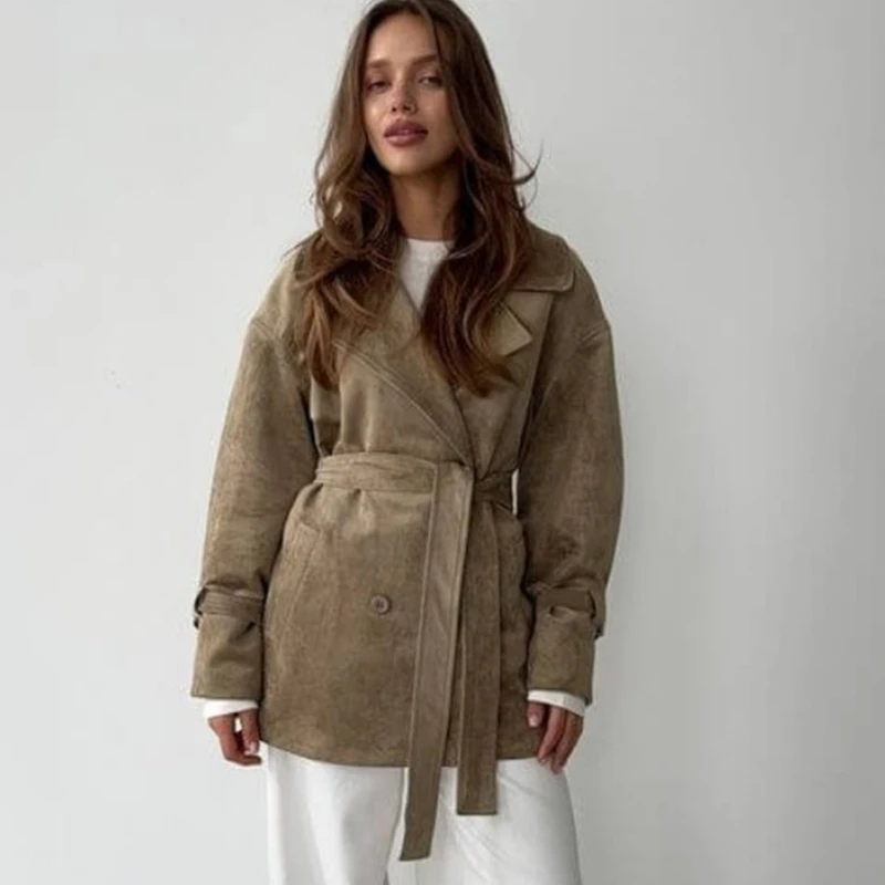

TARUXY Vintage Suede Jacket Women's Lapel Tie Waist Pocket Double-Breasted Casual Coat Autumn Winter Fashion Street Coat Female