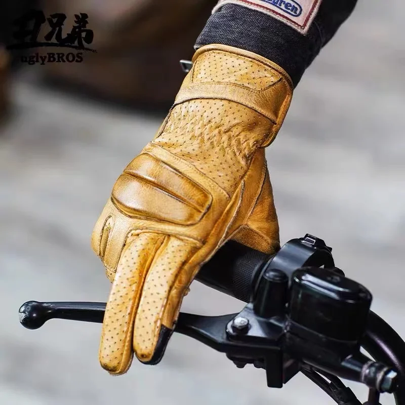 Uglybros Retro Genuine Leather Motorcycle Gloves Outdoor Locomotive Driving Gloves Unisex Breathable Touch Screen Spring Autumn