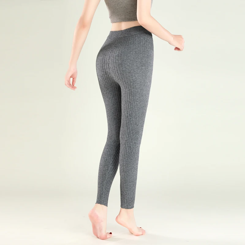 سراويل كاجوال عالية الخصر للنساء في الخريف والشتاء، سراويل ضيقة من الصوف المحبوك بلون سادة ومطاطة دافئة بطول الكاحل