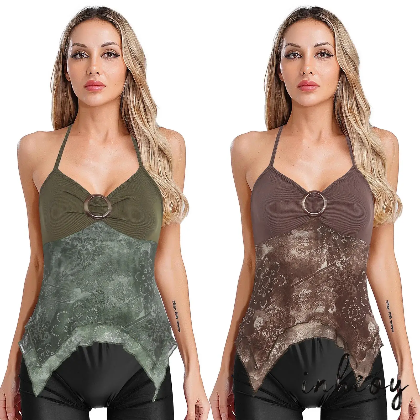 

Womens Stylish Patchwork Cami Tops Transparent Halter Sleeveless Round Ring Decorated Print Mesh Tank Top Ruffled Vest Crop Tops