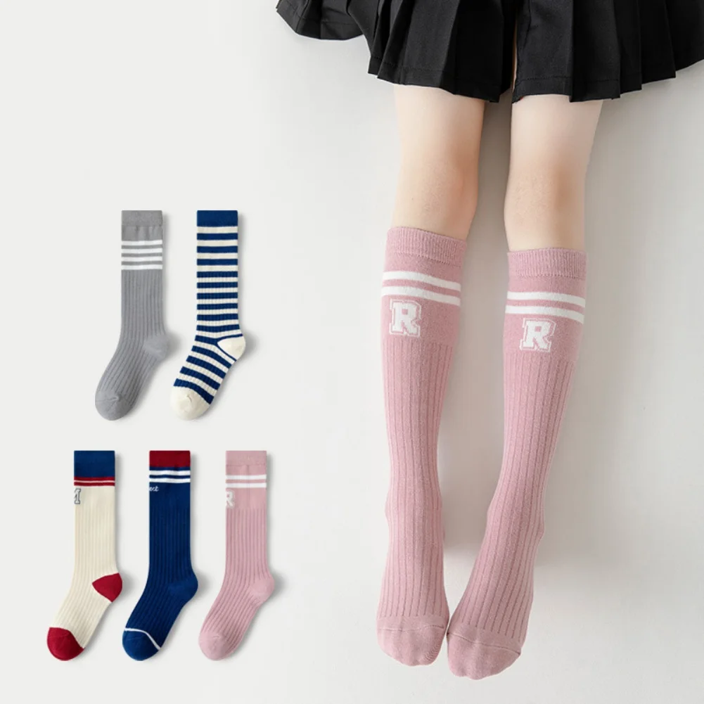 3-12T Girls Cotton Children Sock Stripe Solid Knee-high Stocking Spring Autumn Warm Socks Over-The-Knee School Student Socks Sox