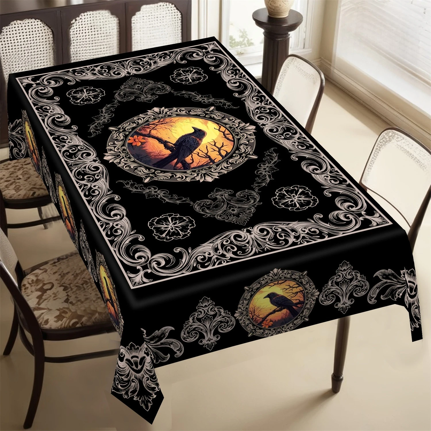 Halloween Crow Branch Sunset Print Tablecloth for Table Decor Washable Kitchen Dining Table Cloth Holiday Party Halloween Decor