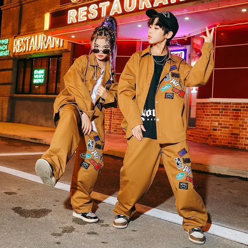 

Kid Kpop Hip Hop Clothing Oversized Embroidery Shirt Top Brown Casual Street Pants for Girl Boy Jazz Dance Costume Clothes