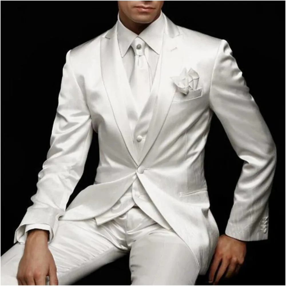 

White Satin Suits For Men Peaked Lapel Wedding Groom Tuxedos Custom Made Handsome Business Party Male Suit Jacket+Pants+Vest