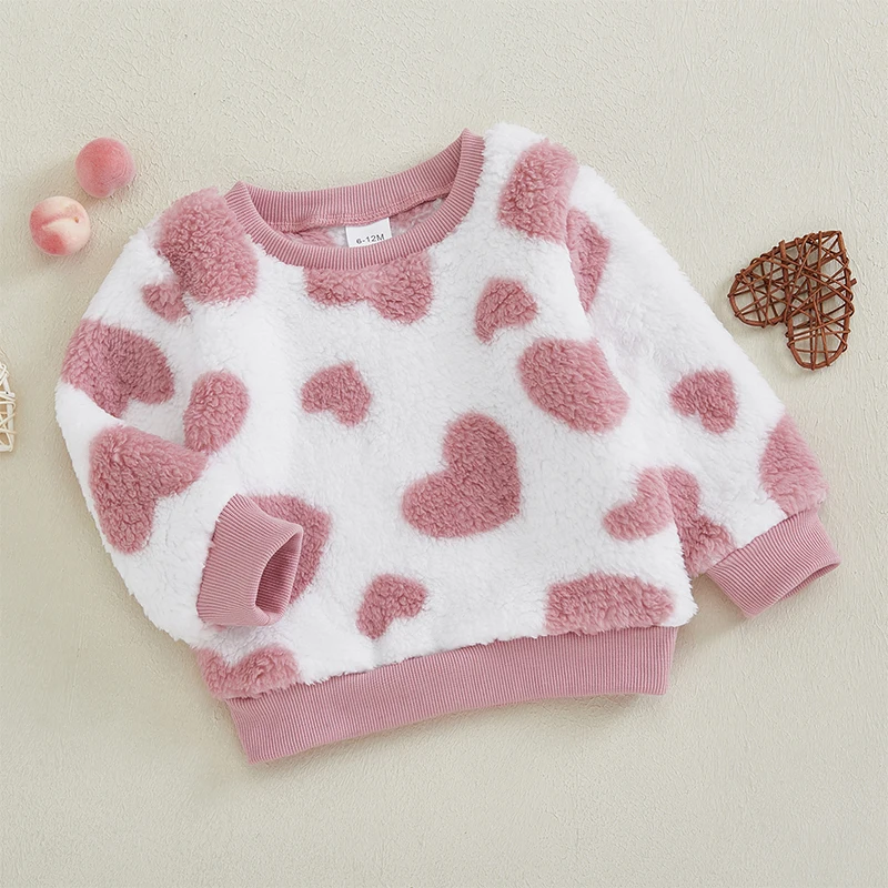 Suefunskry Baby Girl Plush Sweatshirt Cute Heart Pattern Long Sleeve Round Neck Valentine's Day Casual Pullover Tops