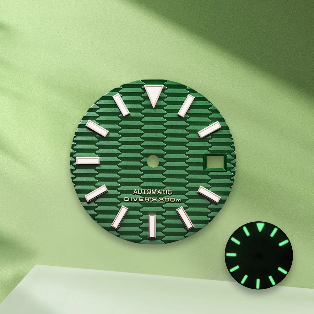 28.5mm S Logo SKX007 Slope white Dial No Hands Fit NH35/NH36 Japan Movement Green Luminous Watch Modification Accessories