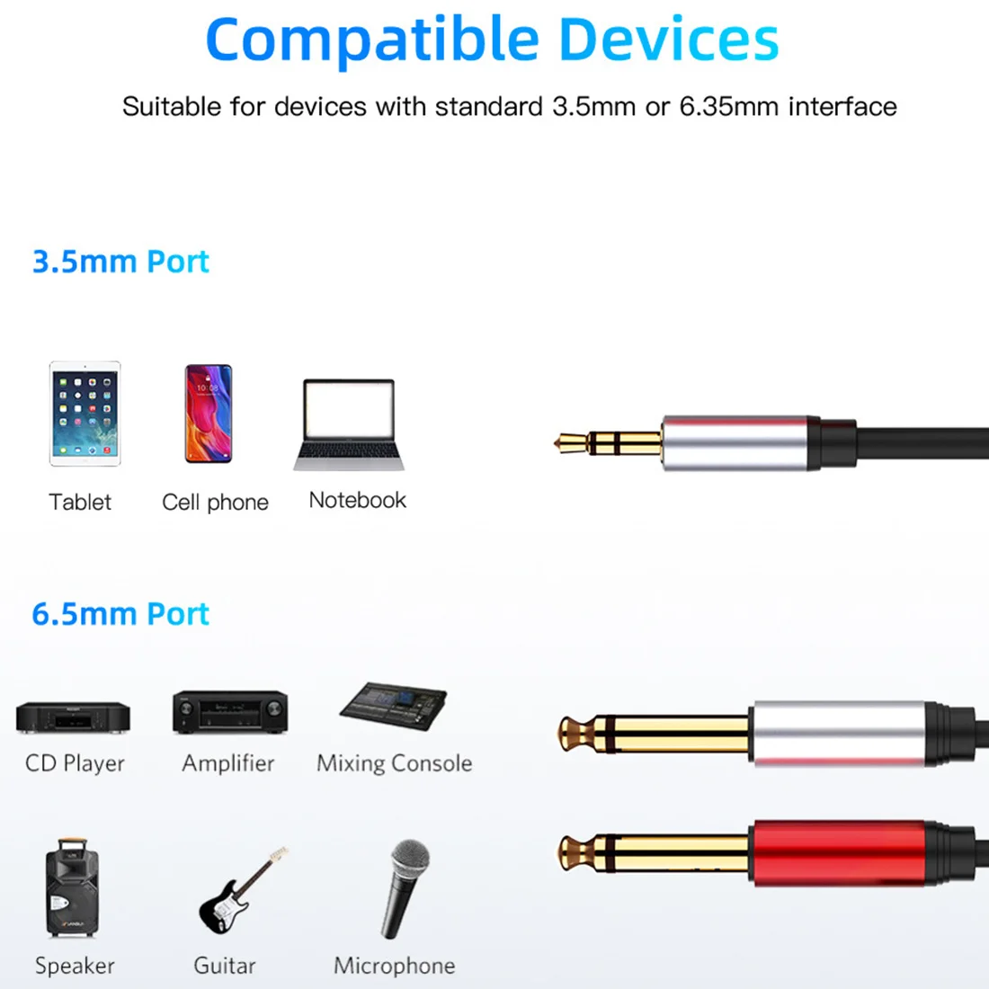 Cable de audio Cable auxiliar de 3,5 mm a doble 6,35 mm Mono 6,5 a 3,5 macho para amplificador mezclador altavoz Cable divisor de conector de 3,5 mm