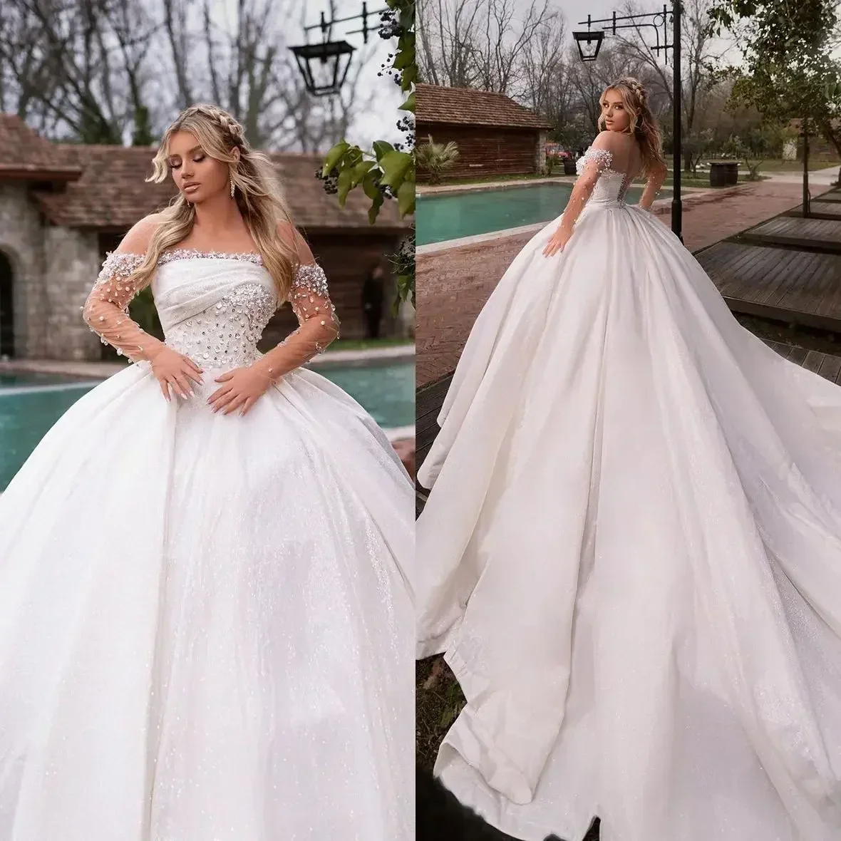 Maßgeschneidertes schulterfreies Satin-Hochzeitskleid mit Perlen und Kristallen, Ballkleid-Brautkleid mit Illusionsärmeln, Robe de Mariage
