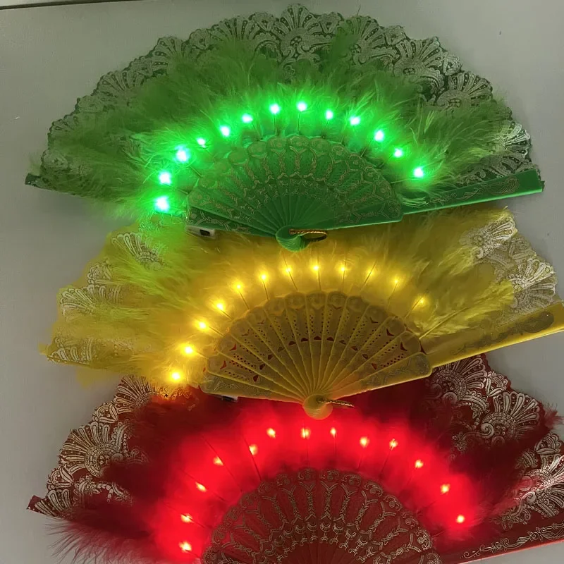 Light Up Glow Flower Lace Feather Fan Vintage Folding Handheld Fan for Costume Party Dance Wedding Show Tea Home Wall Decoration