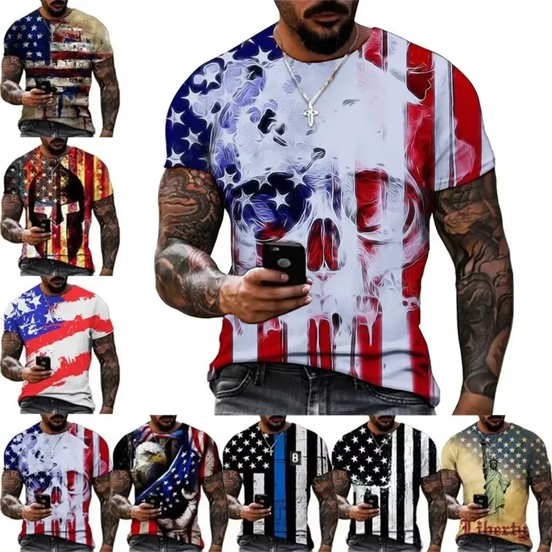 2026 Unisex Star and Stripes Flag Digital Print Graphic T-Shirt with 3D Skull Design for Men Women Kids Casual Streetwear Top