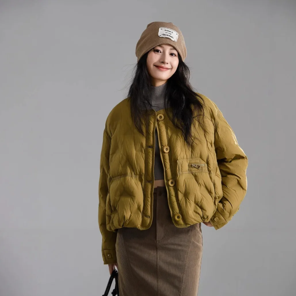 

Winter New 90 Down Short Puffer Jacket Women Solid Color Lightweight Warm Coat Round Neck Long Sleeve