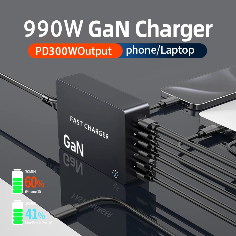 990 واط GaN شاحن سريع 4 USB C 2 USB A سطح المكتب متعدد ميناء موصل مقبس شواحن لأجهزة الكمبيوتر المحمول الهاتف المحمول اللوحي PD شحن سريع