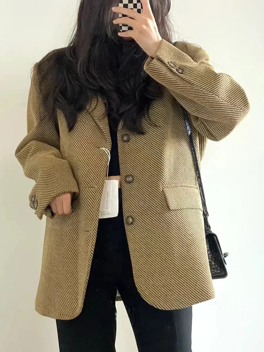 UNXX Yellow Twill Thickened Short Woolen Coat for Women Female Office Lady, Autumn/winter Korean-style Loose Petite Wool Coat