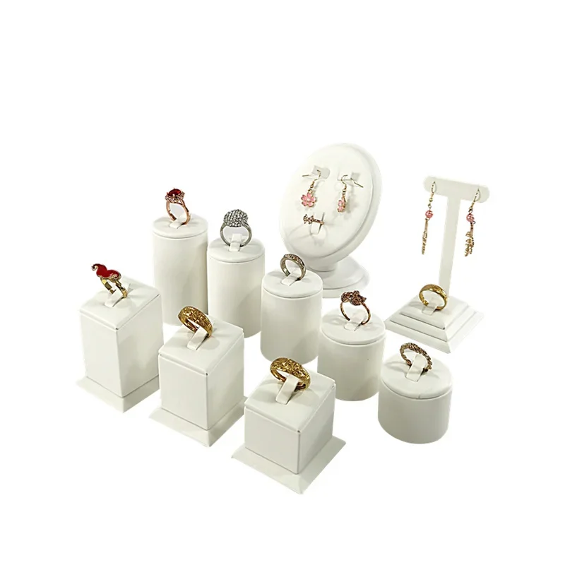 

White PU Leather Jewelry Display Stand for Rings Earrings Studs Necklaces - Multi-Style Store Window Show Holder Props