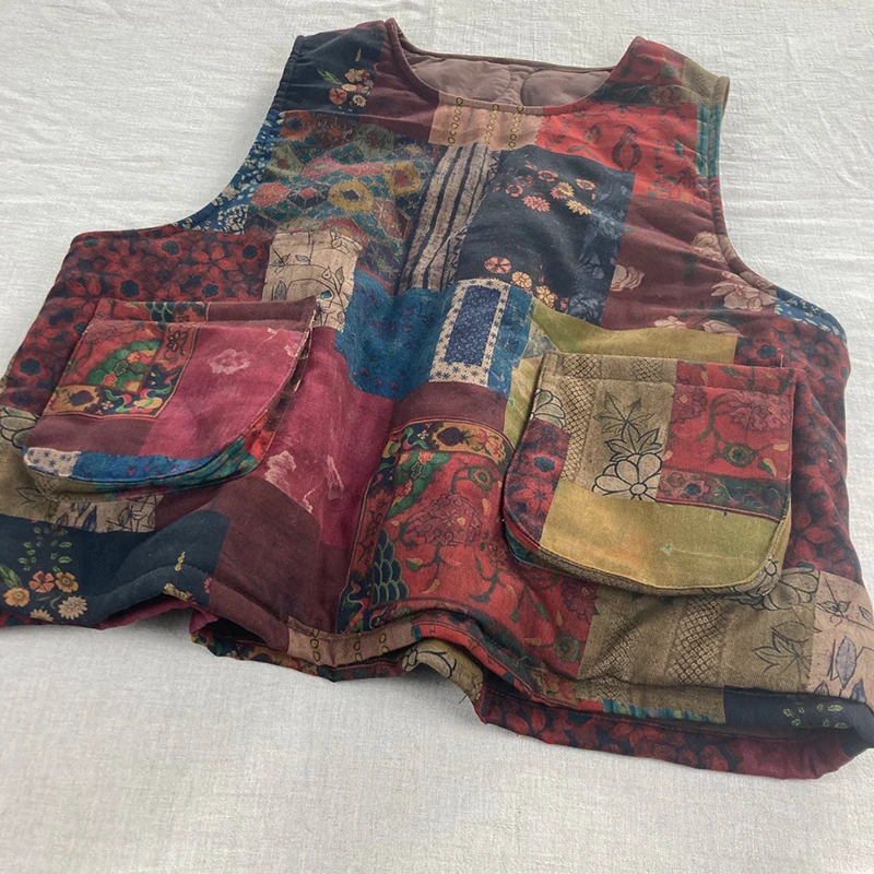 Women Cotton Linen Casual Vests New Arrival 2025 Winter Vintage Style O-neck Floral Print Loose Female Thick Warm Pullover M2130