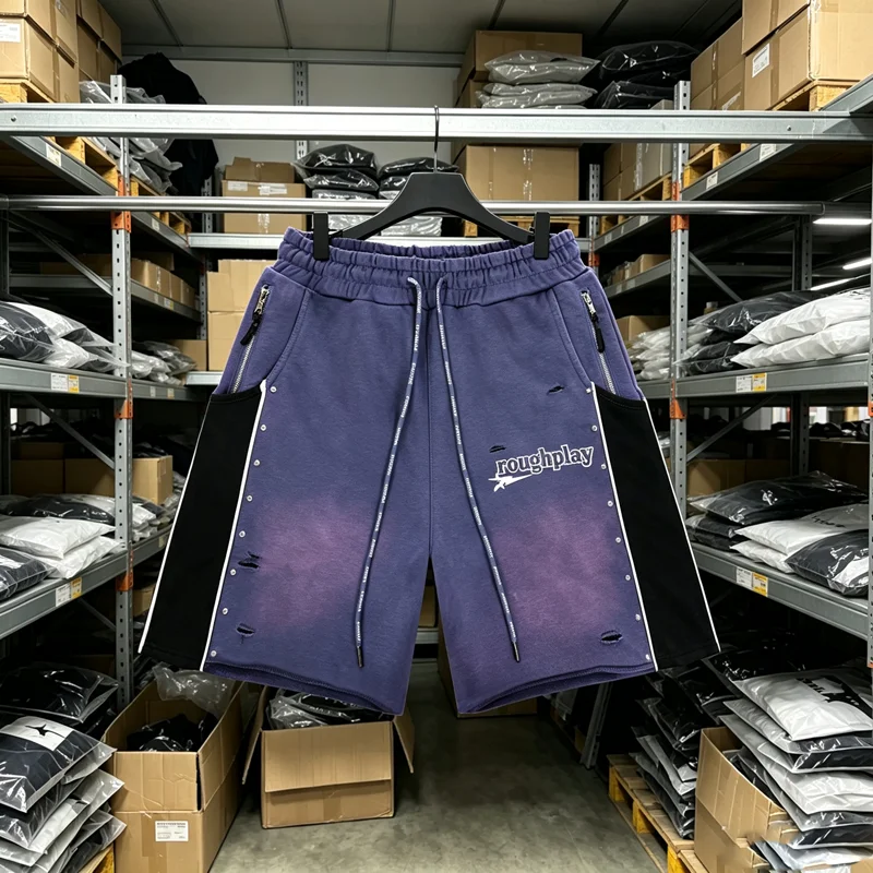 5 Pockets Roughplay Embroidery Rhinestone Shorts Men Women Splic Color Loose Drawstring Shortpants Burr Hole Damaged Short Pants