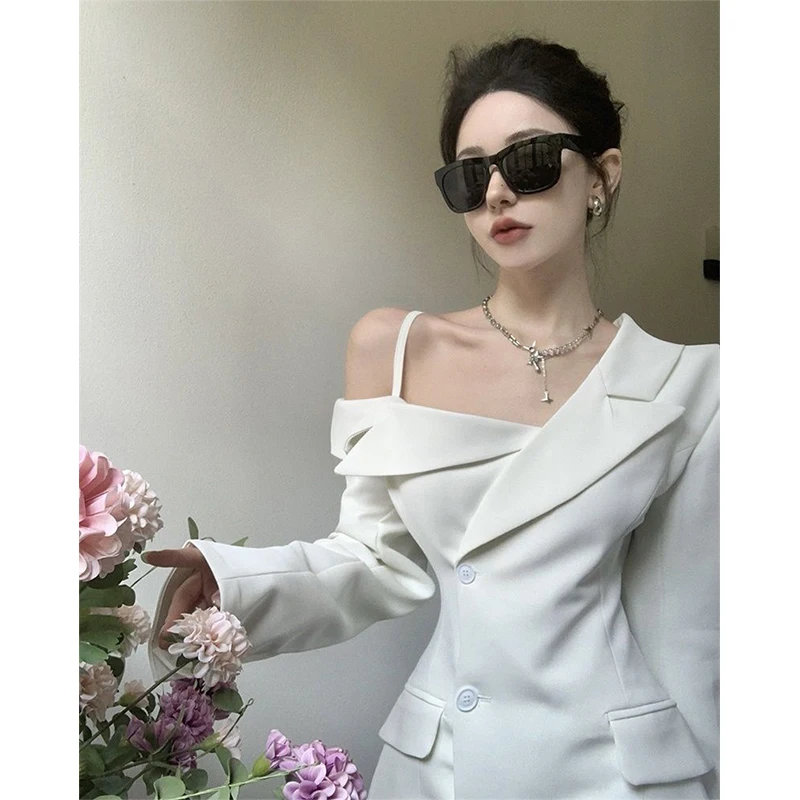 Elegant Suit Mini Dress Women Off Shoulder Irregular A Line Dresses Korean Office Lady Button Slim Chic Blazer