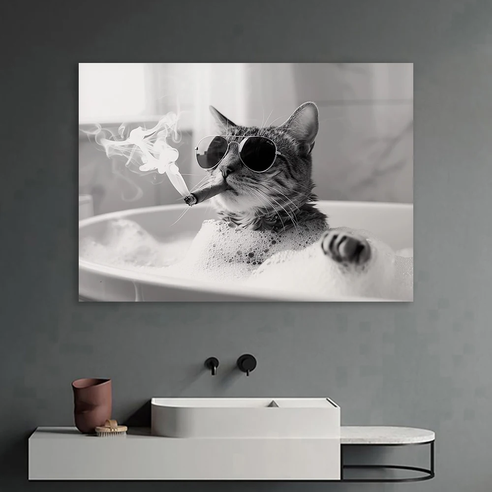 Cat in Bath Smoking Cigar Poster Canvas Print Black and White Funny Art Print Canvas Painting Bathroom Wall Art Toilet Decor