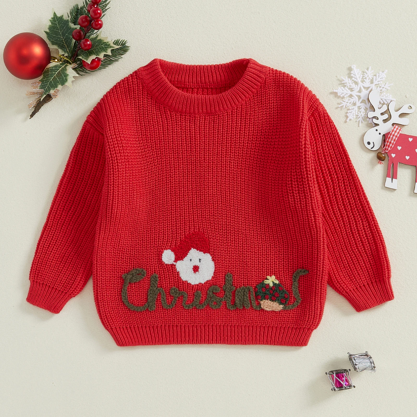 2025 New Years Toddler Girls Boys Sweater Christmas Clothes Letter Santa Embroidery Crew Neck Long Sleeve Kids Pullovers Tops