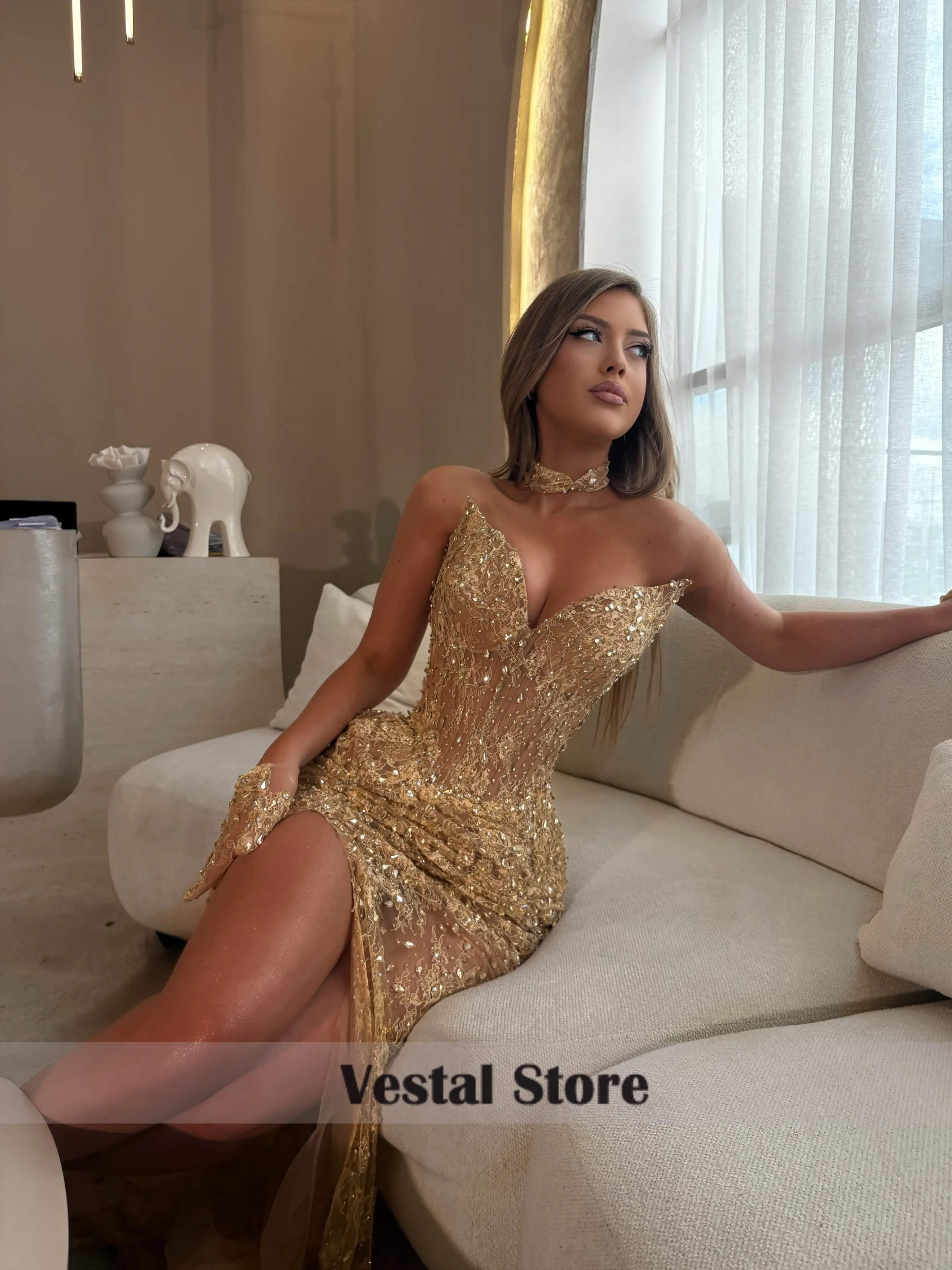 gold bedazzled prom dress Vestal Sparkly Rhinestone Lace Sweetheart Strapless Mermaid Evening Dress High Slit Formal Gown Customized gold evening gown