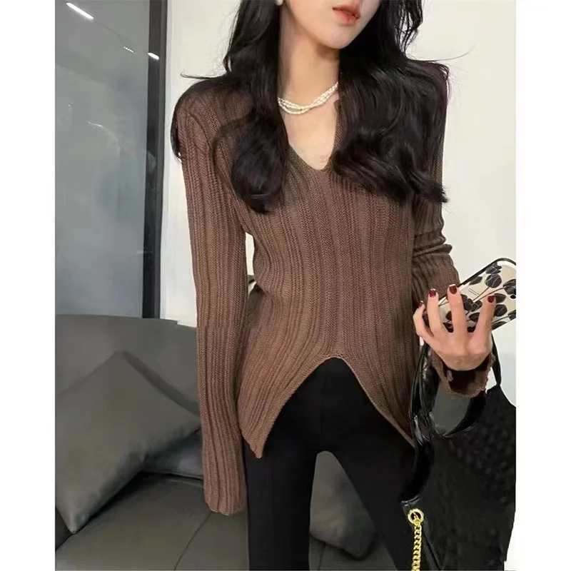

Корейский элегантный повседневный женский пуловер, трикотаж, модный женский вязаный топ с v-образным вырезом, осенний облегающий свитер с длинными рукавами