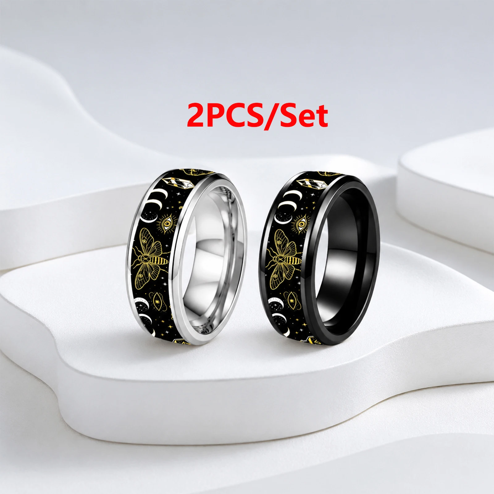 2Pcs/Set 8MM Dark Style Stainless Steel Rings Set Polished Unique Double Beveled Black And White Gothic Stainless Steel Ring