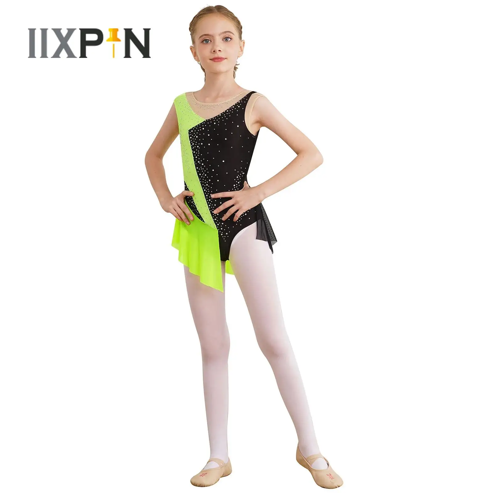 

Hot Kids Girls Gymnastics Leotard Sleeveless Sparkly Rhinestone Sheer Mesh Patchwork Bodysuit Ballet Dance Figure Skating Dress