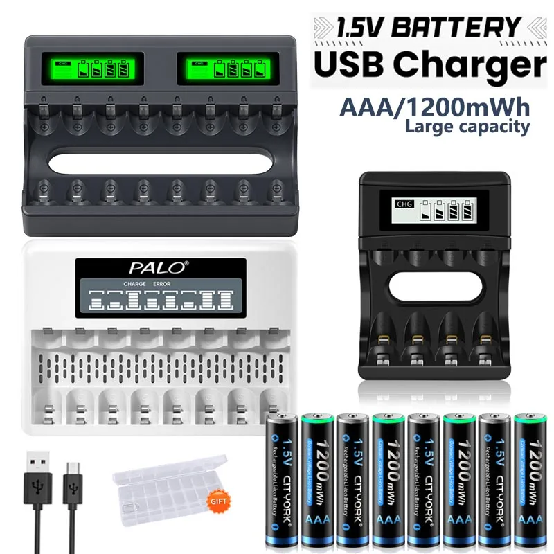 CITYORK 1.5V AAA Rechargeable Batteries 1200mWh HR6 Lithium ion Battery With 8 Slots LCD 1.5V AAA AA Li-Ion Battery Fast Charger