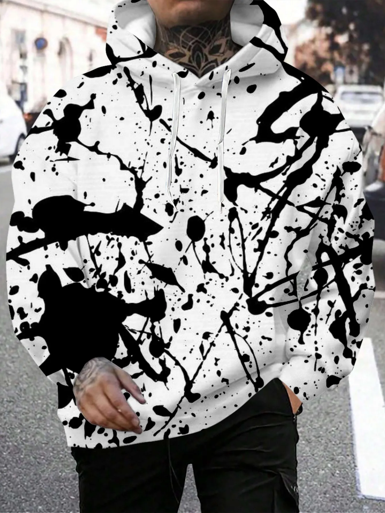 Unisex Black Ink Splash Graffiti Print Hoodie Loose Long Sleeve Casual Street Pullover Sweatshirt