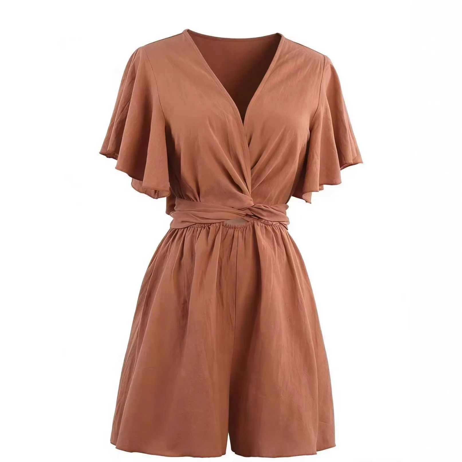 Women Clothing V-neck Belted Temperament Commuter Solid Color Jumpsuit Women Summer New Short-sleeved Lace New Vacation Jumpsuit