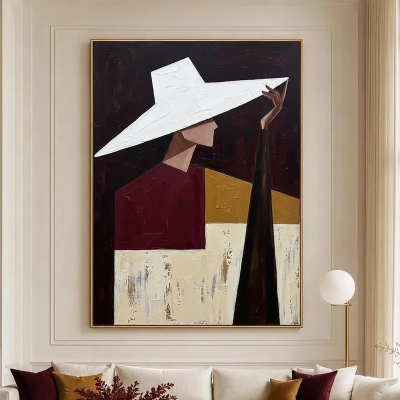 Retro Cubism Elegant Woman Wall Art Canvas Painting Abstract Fashion Lady Wide‑Brim Hat Figure Poster for Living Home Decor