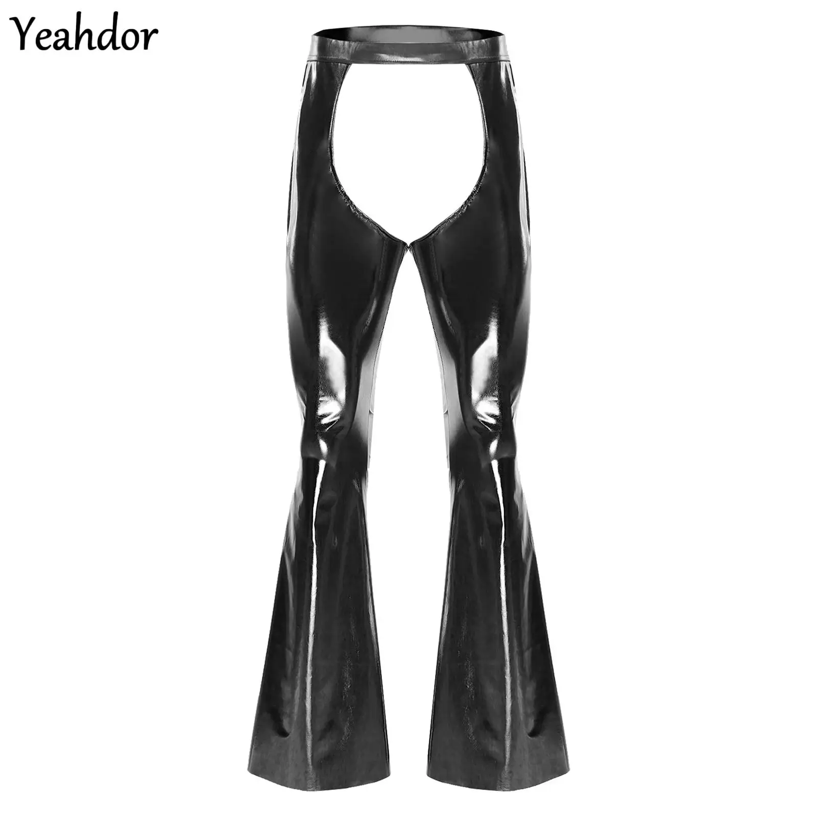 

Mens Metallic Shiny Open Crotch Chaps Disco Dance Flared Pants Elastic Waistband Bell-Bottom Trousers Halloween Rave Clubwear