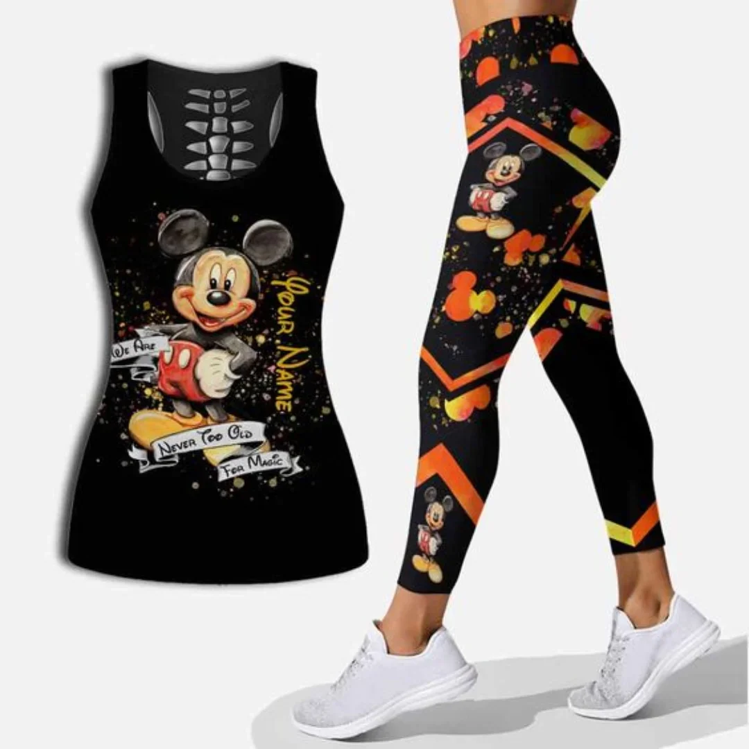 Free Custom Name Mickey Women\'s Hollow Vest Women\'s Leggings Yoga Suit Fitness Leggings Sports Suit Disney Tank Top Legging Set