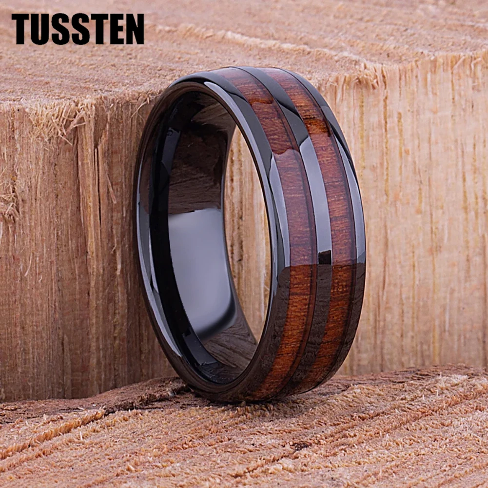 TUSSTEN 6/8MM Men's and Women's Wedding Tungsten Ring Dome Polished Double Groove Inlaid with Koa Wood Comfortable Fit