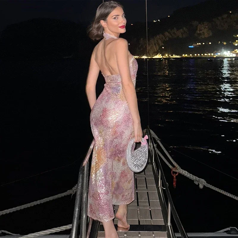 Sexy Sequin Backless Party Dress Women Colorful Halter Cut Out Hip Package Evening Long Dresses 2024 Summer Fashion New Robes