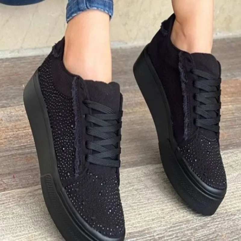 

2024 Spring New Mesh Sneakers Fashion Rhinestone Sequins Lace-up Leather Sneakers Outdoor Thick Sole Women's Vulcanized Shoes