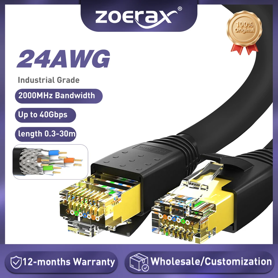 ZoeRax CAT8 Ethernet Cable 24AWG 40Gbps 2000Mhz Heavy Duty High