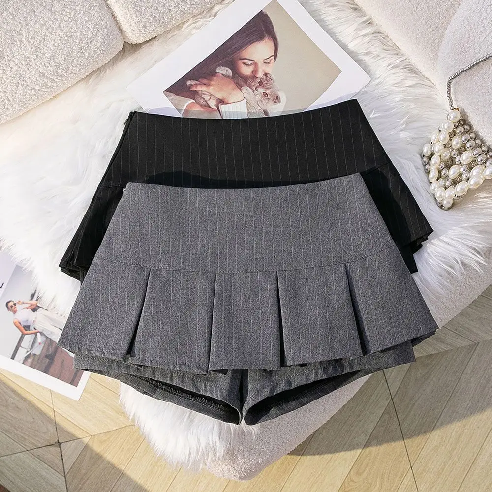 Gray Low-rise A-shaped Striped Pleated Skirt Women's Summer New Anti-light Short Skirt