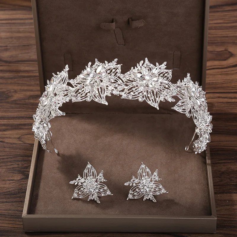 2Pcs Fashion Gold Silver Color Crystal Rhinestone Headbands Earrings Set For Bride Women Wedding Hair Accessories Head Jewelry