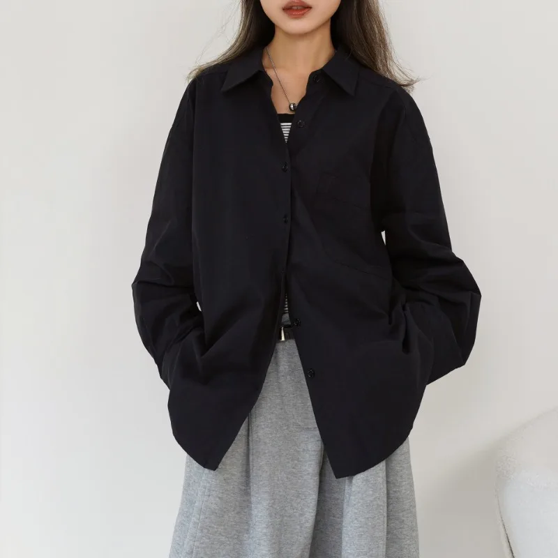 

Women's 100% Cotton Long Sleeve Black Shirt Casual Lapel High Quality Office Top with Pockets Buttons Basic Autumn Ladies Shirts