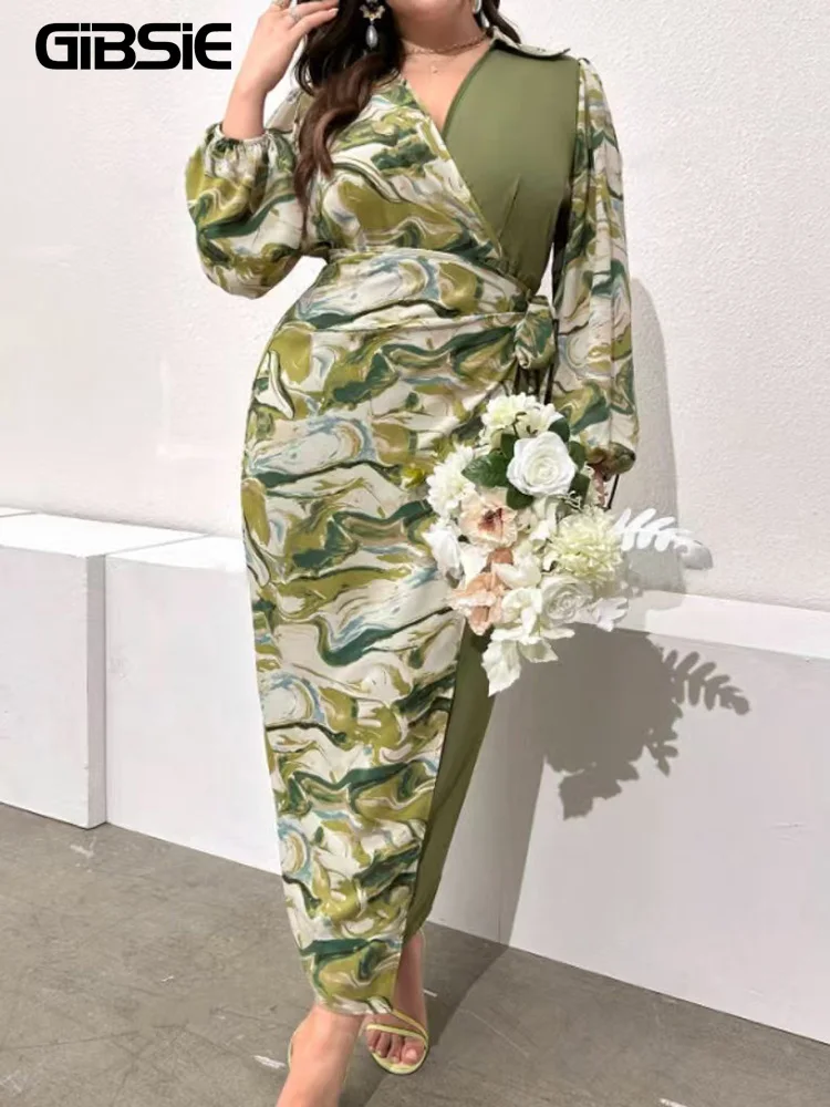 

GIBSIE Plus Size V-Neck Wrap Tie Side Printed Long Sleeve Dress Women's Autumn Elegant Bodycon Maxi Large Size Dress 2024 New