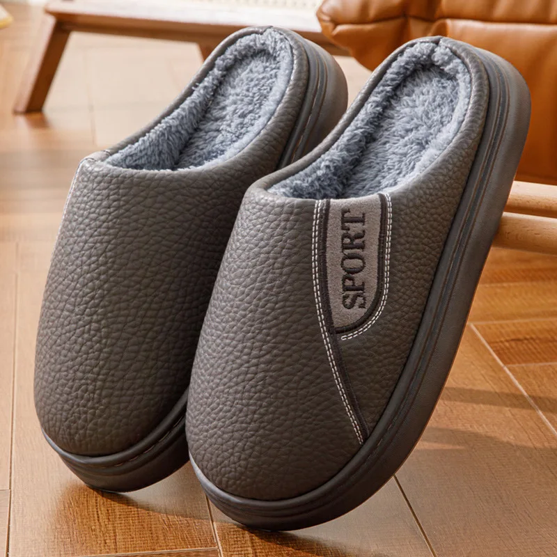 Men Winter Slippers Fuzzy Warm Fleece Lined Non Slip Thick Sole Waterproof PU Indoor House Home Slippers Extra Large Big Size