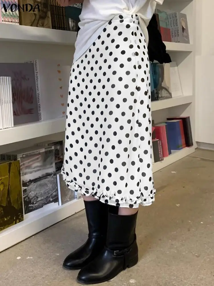 VONDA Bohemian Holiday Party Skirts Women Polka Dot Casual Jupes Faldas Saia  2025 Fashion Ruffled See-through Long Bottoms