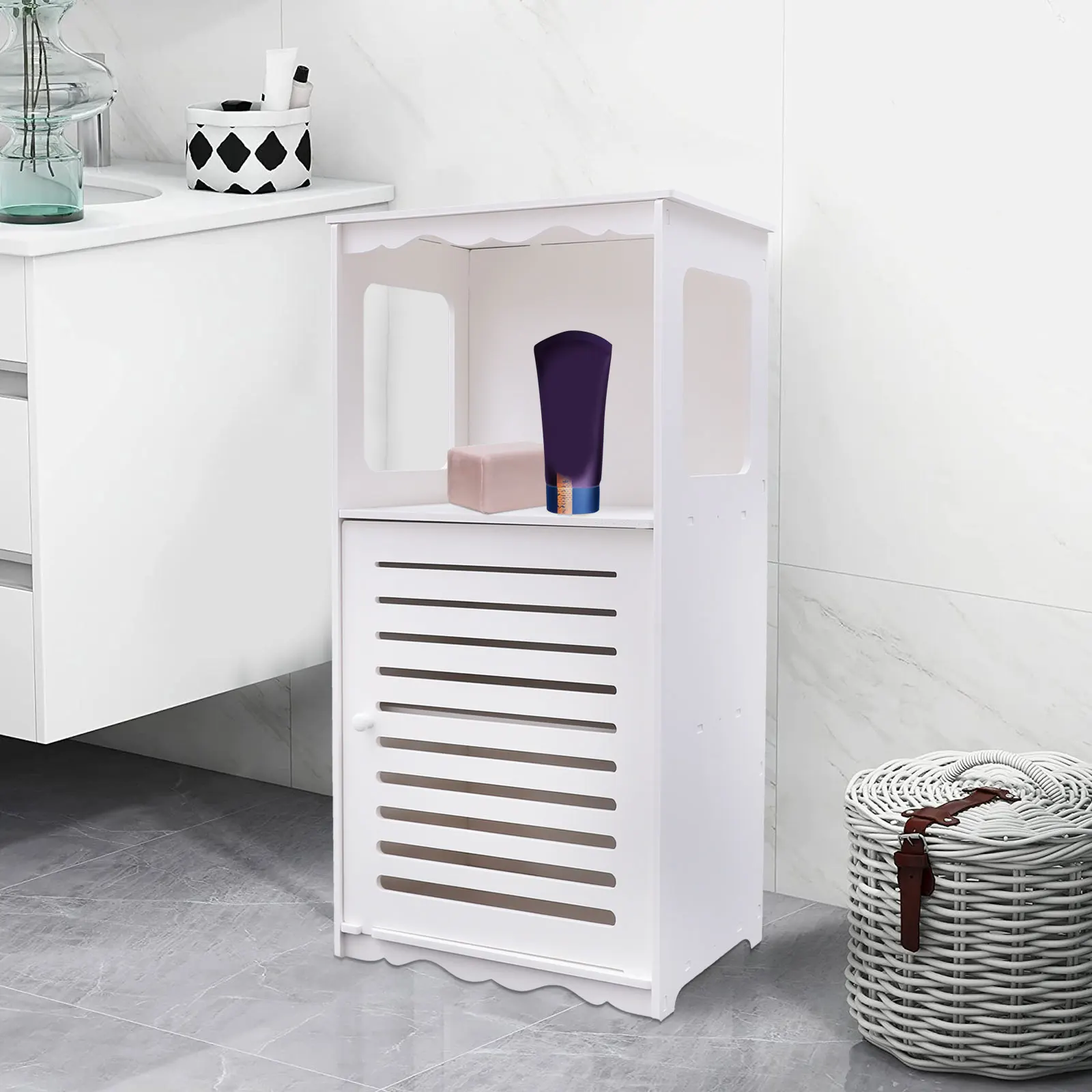 Modern Bathroom Shelf Cupboard Home Storage Standing Bathroom Sideboard with 1 Open Compartment and Doors